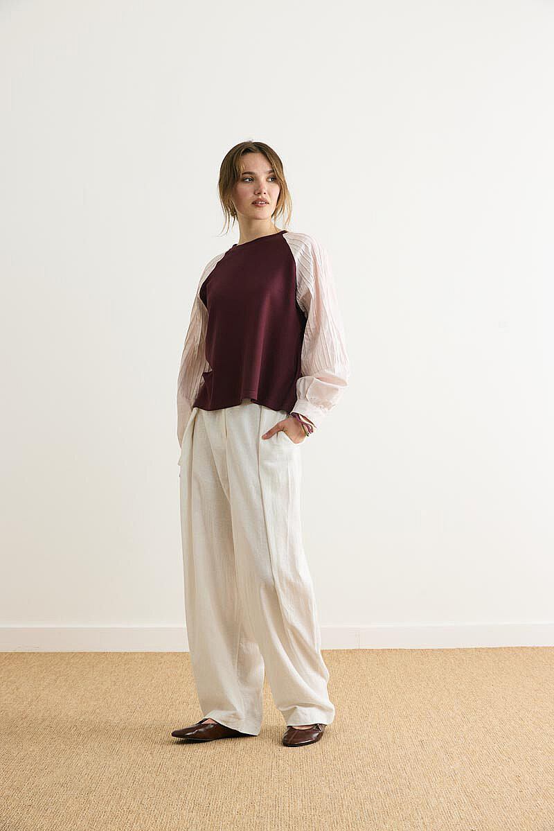 Poplin Kol Detaylı Bluz Bordo