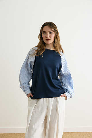 Poplin Kol Detaylı Bluz Lacivert - 1