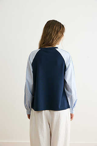 Poplin Kol Detaylı Bluz Lacivert - 7