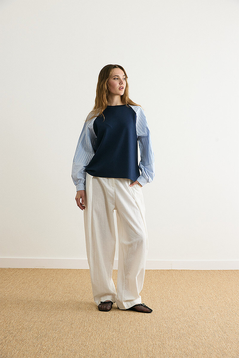 Poplin Kol Detaylı Bluz Lacivert - 5