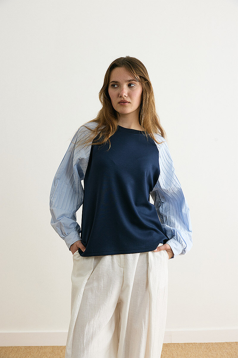 Poplin Kol Detaylı Bluz Lacivert