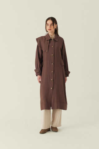 Omuzdan Parçalı Tensel Trençkot Kahverengi - 1