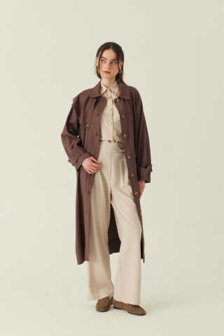 Omuzdan Parçalı Tensel Trençkot Kahverengi - 2