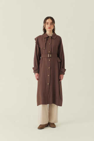 Omuzdan Parçalı Tensel Trençkot Kahverengi - 3