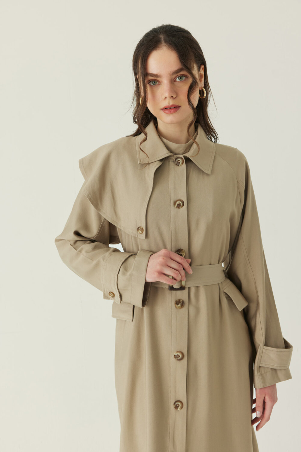 Omuzdan Parçalı Tensel Trençkot Koyu Taş 