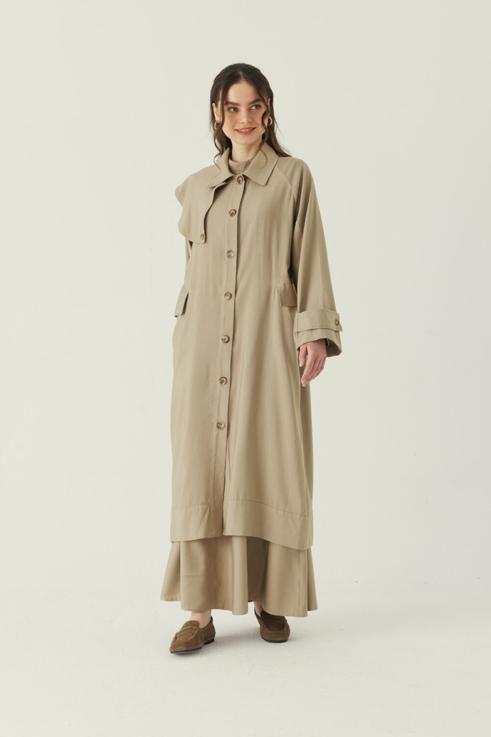 Omuzdan Parçalı Tensel Trençkot Koyu Taş - 3