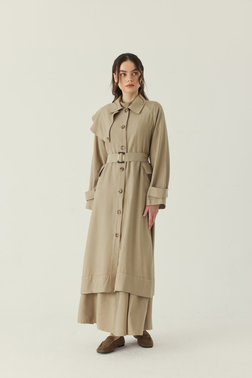 Omuzdan Parçalı Tensel Trençkot Koyu Taş - 4