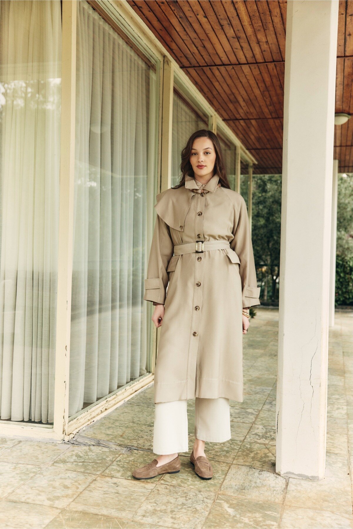 Omuzdan Parçalı Tensel Trençkot Koyu Taş