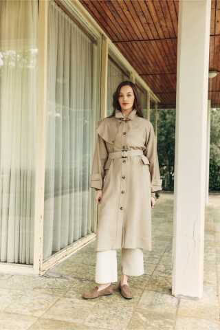 Omuzdan Parçalı Tensel Trençkot Koyu Taş - 1