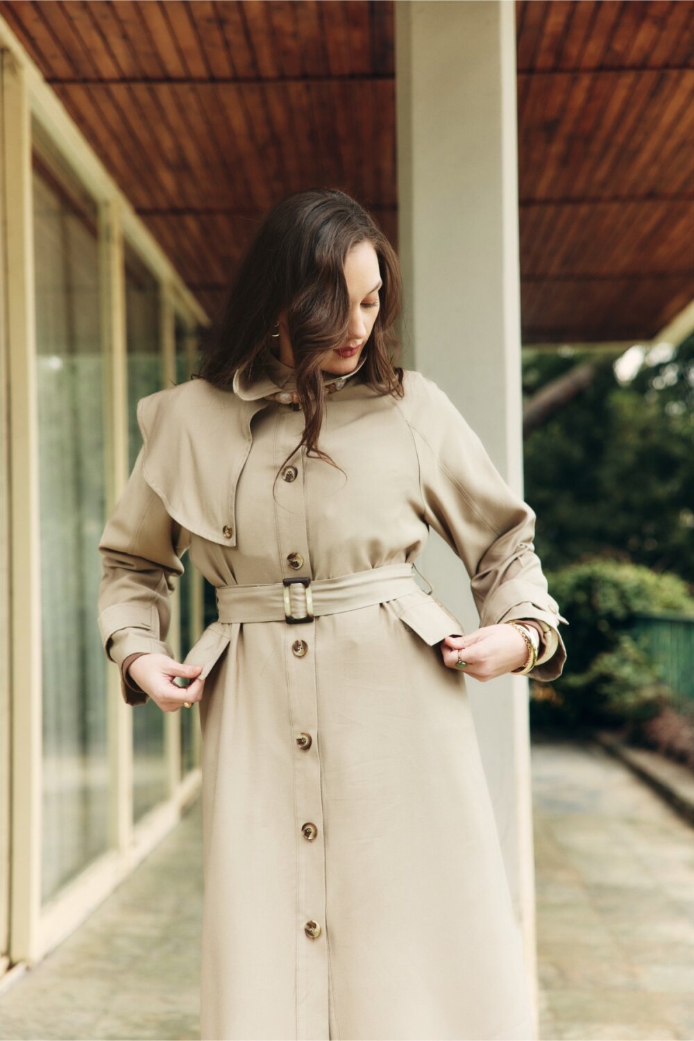 Omuzdan Parçalı Tensel Trençkot Koyu Taş - 2