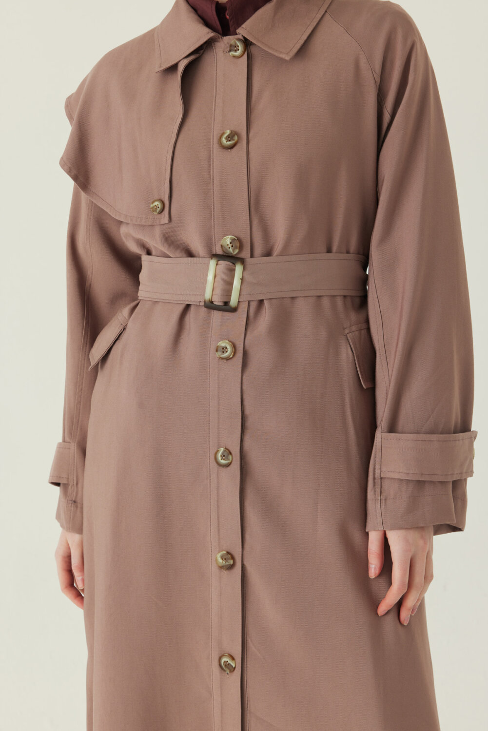 Omuzdan Parçalı Tensel Trençkot Koyu Vizon - 2