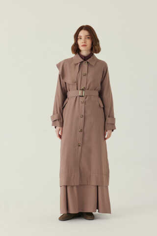 Omuzdan Parçalı Tensel Trençkot Koyu Vizon - 5