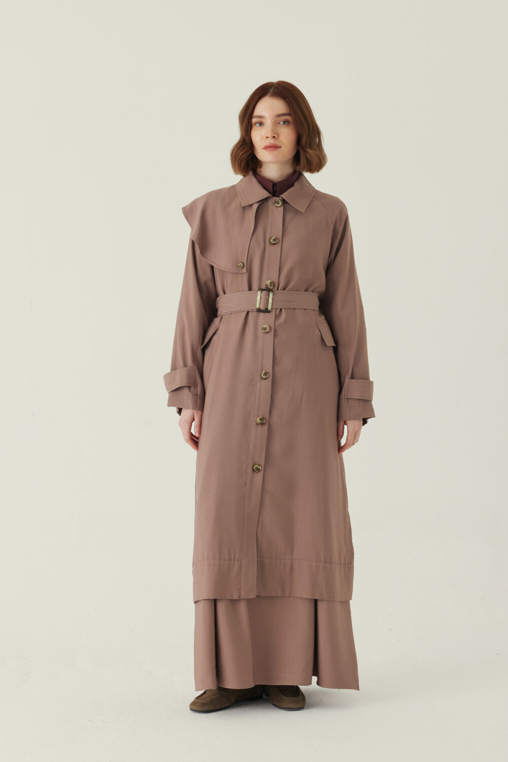 Omuzdan Parçalı Tensel Trençkot Koyu Vizon - 5