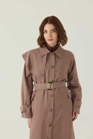 Omuzdan Parçalı Tensel Trençkot Koyu Vizon - 1