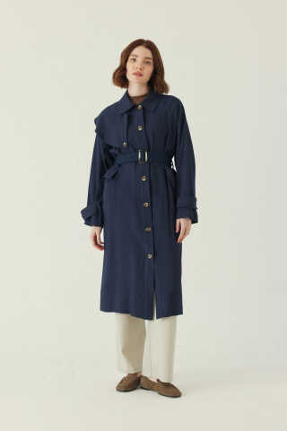 Omuzdan Parçalı Tensel Trençkot Lacivert - 3