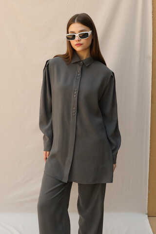 Omuzu Pileli Gömlek Takım Füme - 1