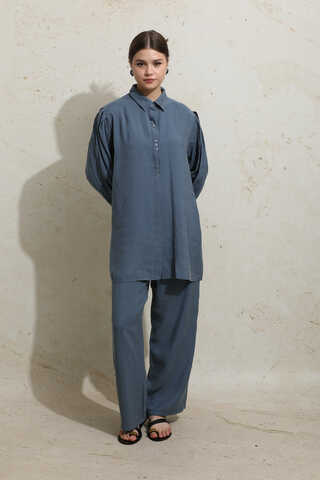 Omuzu Pileli Gömlek Takım İndigo - 2