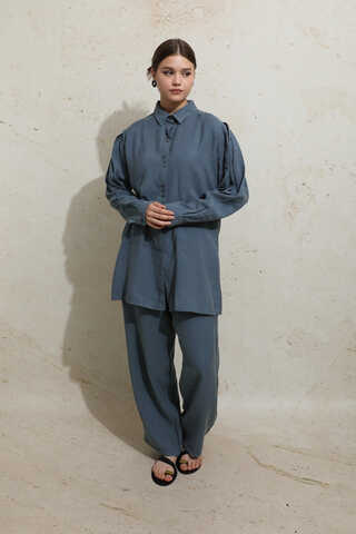 Omuzu Pileli Gömlek Takım İndigo - 5