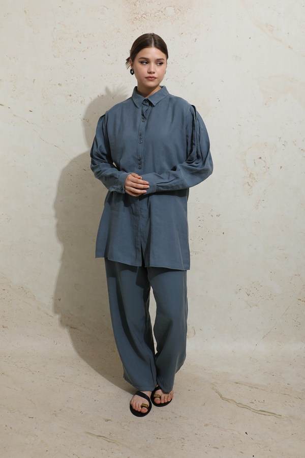 Omuzu Pileli Gömlek Takım İndigo - 5
