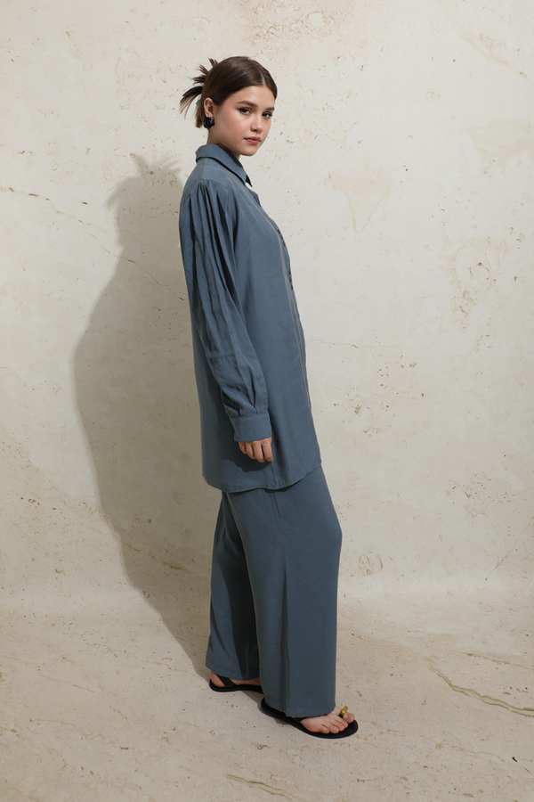 Omuzu Pileli Gömlek Takım İndigo - 6