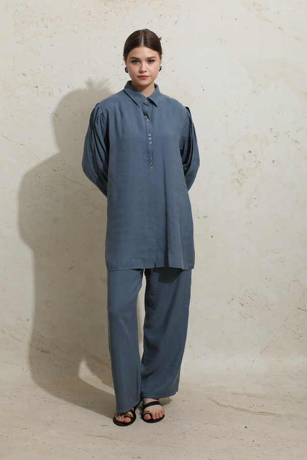 Omuzu Pileli Gömlek Takım İndigo - 2