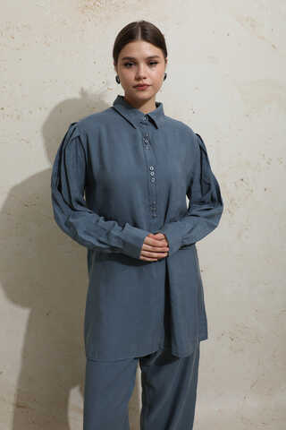 Omuzu Pileli Gömlek Takım İndigo - 1