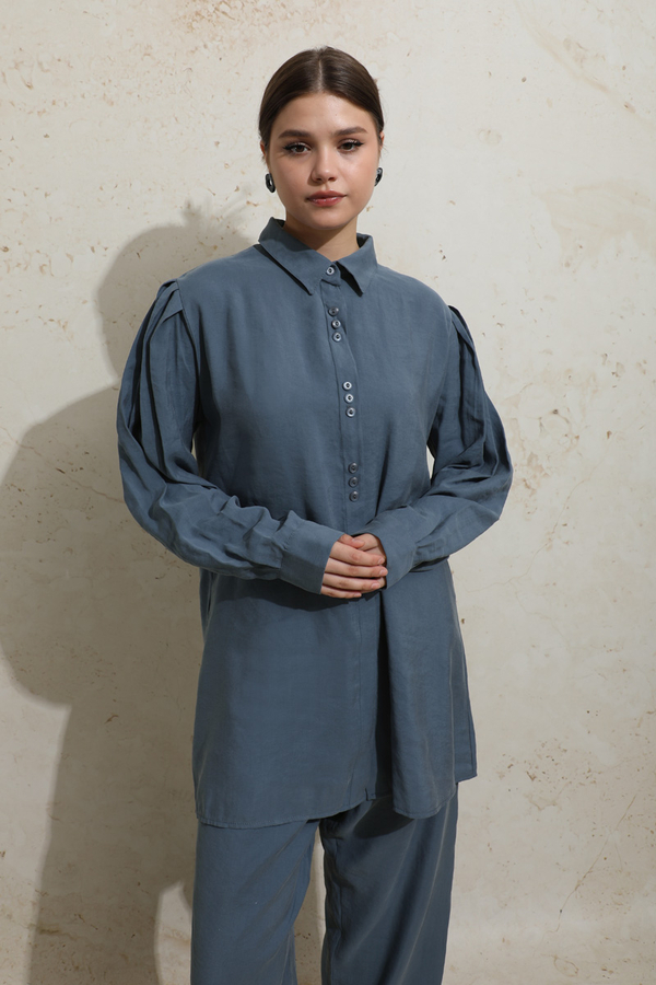 Omuzu Pileli Gömlek Takım İndigo - 1