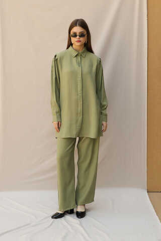 Omuzu Pileli Gömlek Takım Yağ Yeşili - 2