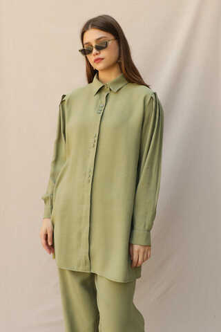 Omuzu Pileli Gömlek Takım Yağ Yeşili - 1