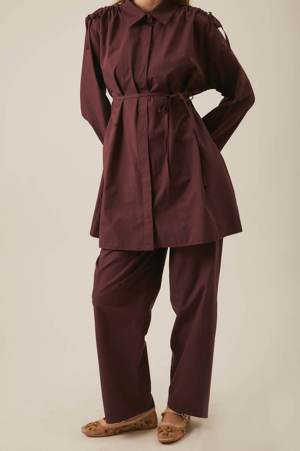 Omuzu Büzgü Detaylı Pantolon Takım Bordo - 4
