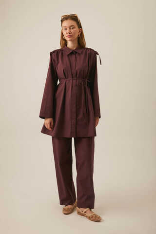 Omuzu Büzgü Detaylı Pantolon Takım Bordo - 1