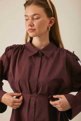 Omuzu Büzgü Detaylı Pantolon Takım Bordo - 3