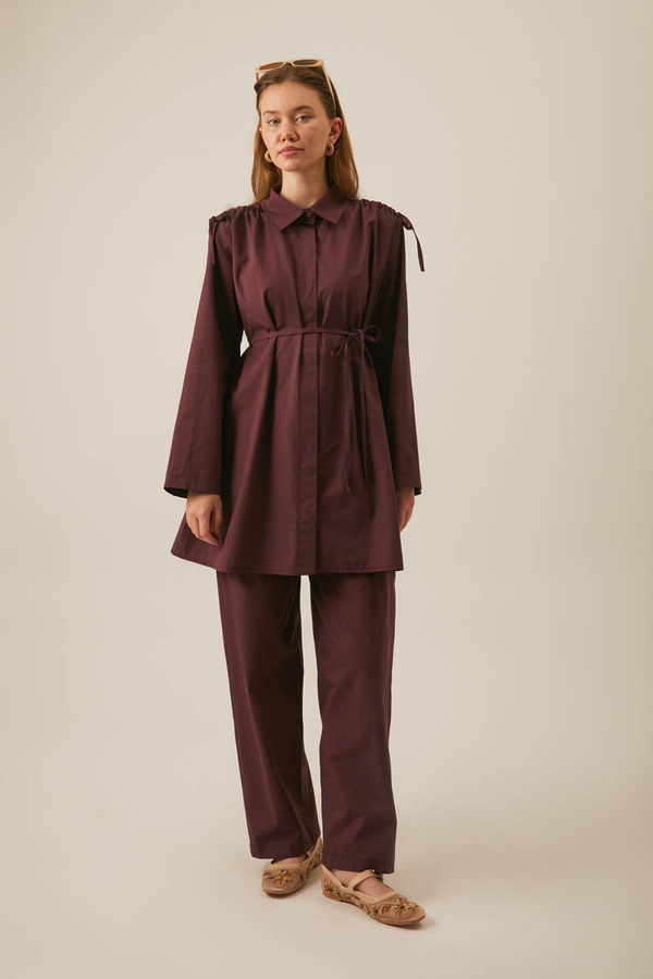 Omuzu Büzgü Detaylı Pantolon Takım Bordo - 1