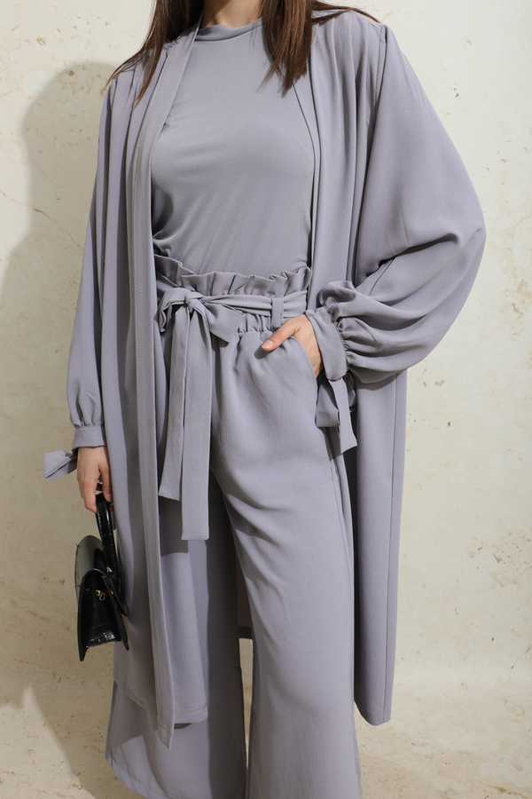 Omuzu Büzgülü Abaya İkili Takım Gri - 1