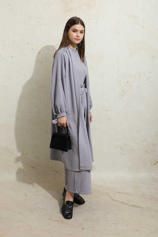 Omuzu Büzgülü Abaya İkili Takım Gri - 6