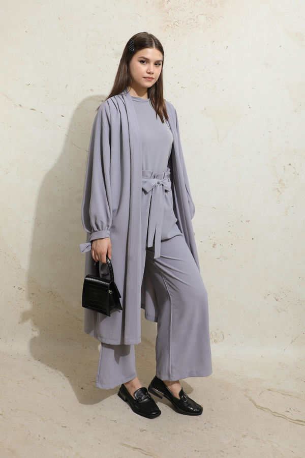 Omuzu Büzgülü Abaya İkili Takım Gri - 5