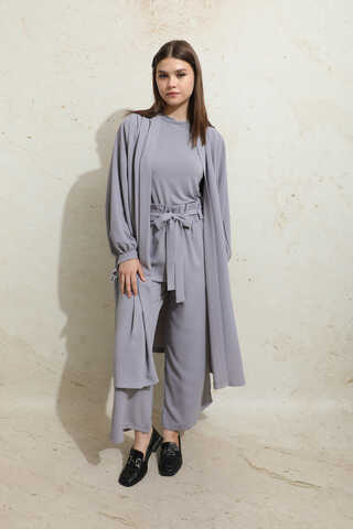 Omuzu Büzgülü Abaya İkili Takım Gri - 2