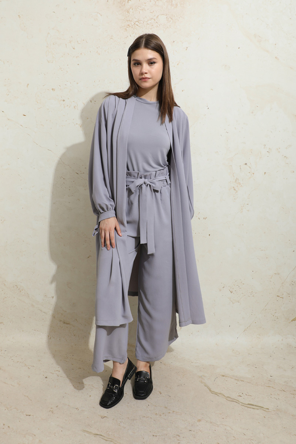 Omuzu Büzgülü Abaya İkili Takım Gri - 2