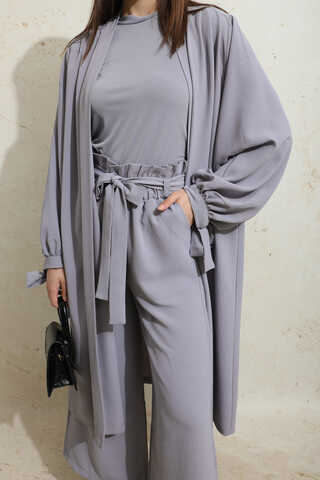 Omuzu Büzgülü Abaya İkili Takım Gri - 1
