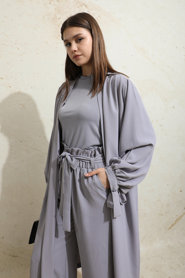 Omuzu Büzgülü Abaya İkili Takım Gri - 3