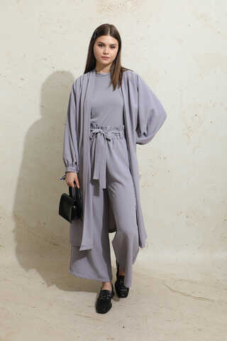 Omuzu Büzgülü Abaya İkili Takım Gri - 4