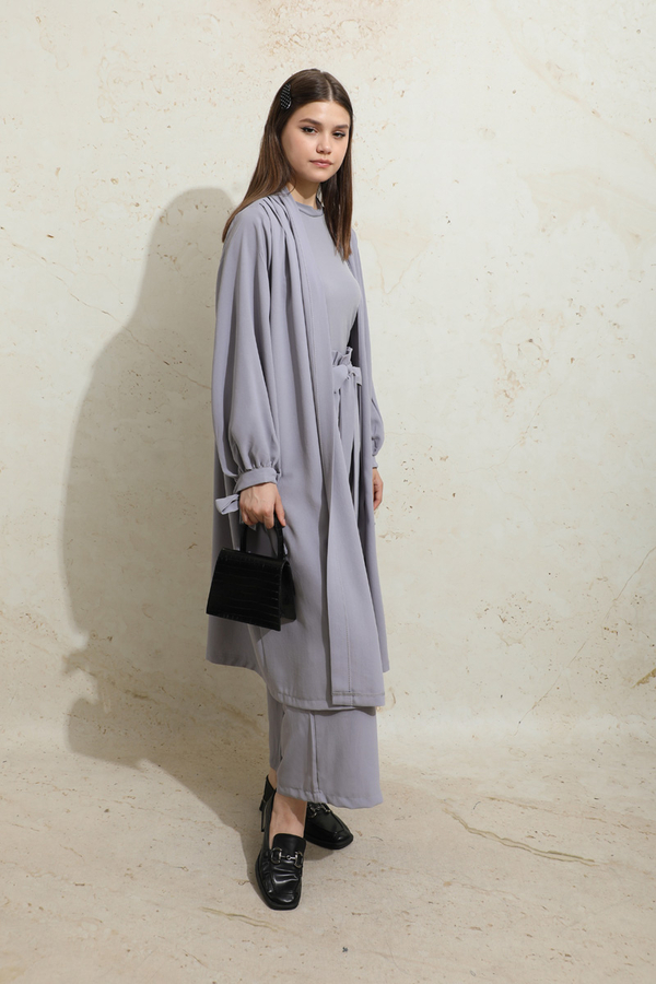 Omuzu Büzgülü Abaya İkili Takım Gri - 6