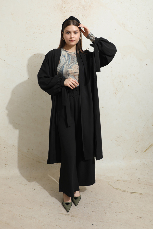 Omuzu Büzgülü Abaya İkili Takım Siyah - 5