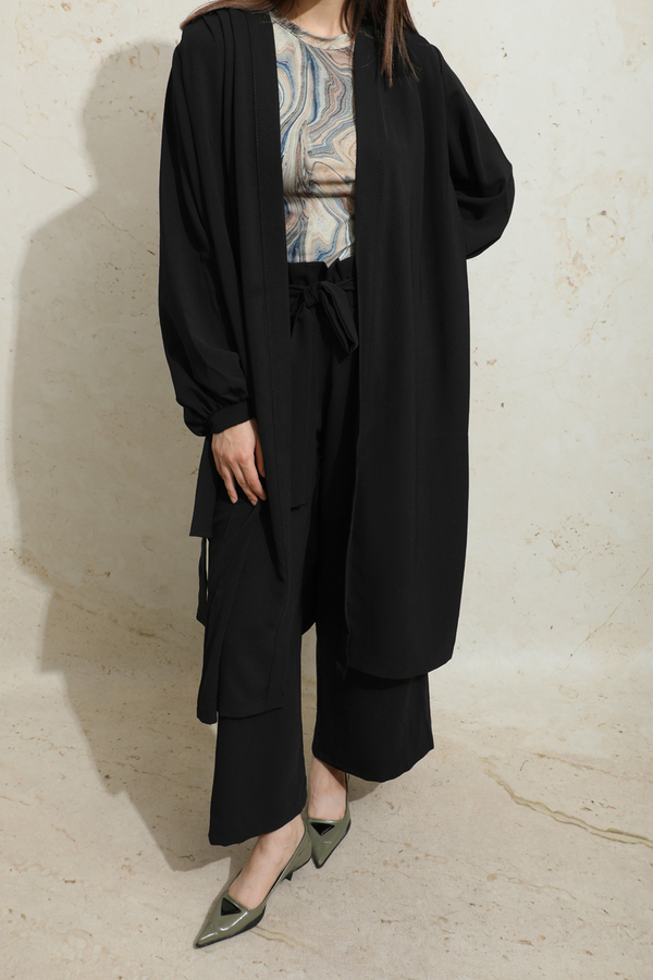 Omuzu Büzgülü Abaya İkili Takım Siyah - 2