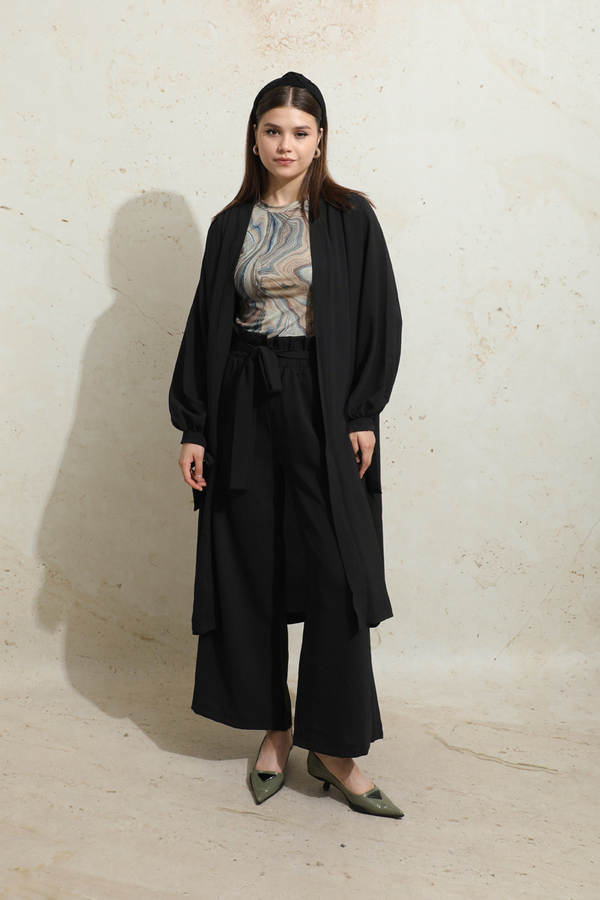 Omuzu Büzgülü Abaya İkili Takım Siyah - 1