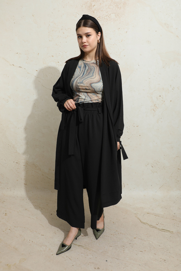 Omuzu Büzgülü Abaya İkili Takım Siyah - 3