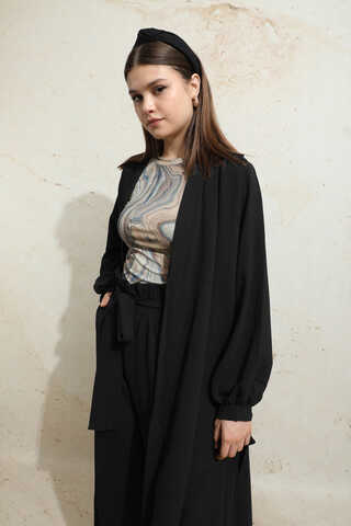 Omuzu Büzgülü Abaya İkili Takım Siyah - 4