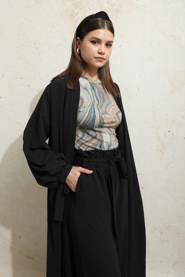 Omuzu Büzgülü Abaya İkili Takım Siyah - 8