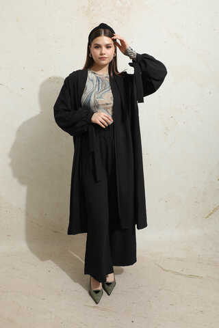 Omuzu Büzgülü Abaya İkili Takım Siyah - 5