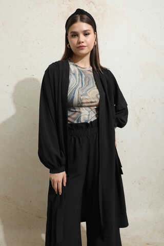 Omuzu Büzgülü Abaya İkili Takım Siyah - 6